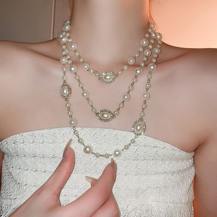 Light Luxury Oval Faux Pearl Multi Layer Wrap Necklace For French Evening Dress