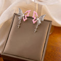 Elegant Pink Enamel Hollow Butterfly Alloy Studs With Rhinestone Star Tassel Pendant Earrings view 4
