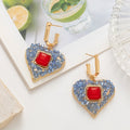 French Vintage Blue Crystal Heart Drop Earrings With Red Square Rhinestone Luxury Alloy Hoop Earrings view 1