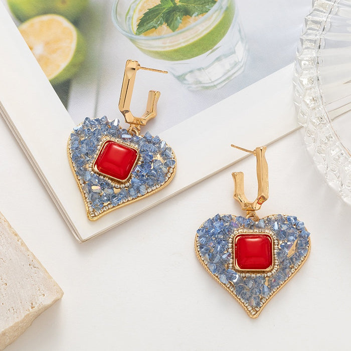 French Vintage Blue Crystal Heart Drop Earrings With Red Square Rhinestone Luxury Alloy Hoop Earrings