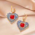 French Vintage Blue Crystal Heart Drop Earrings With Red Square Rhinestone Luxury Alloy Hoop Earrings view 2