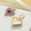 French Vintage Blue Crystal Heart Drop Earrings With Red Square Rhinestone Luxury Alloy Hoop Earrings view 3