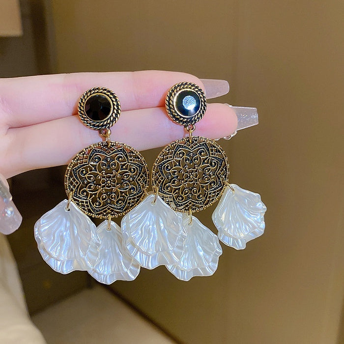 Shell Geometric Tassel Drop Earrings For Women, Ethnic Vintage Palace Style Silver Needle Jewelry