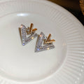 Gold Plated Silver Needle Zircon Letter Stud Earrings Sweet French Full Stone Two Way Design view 2