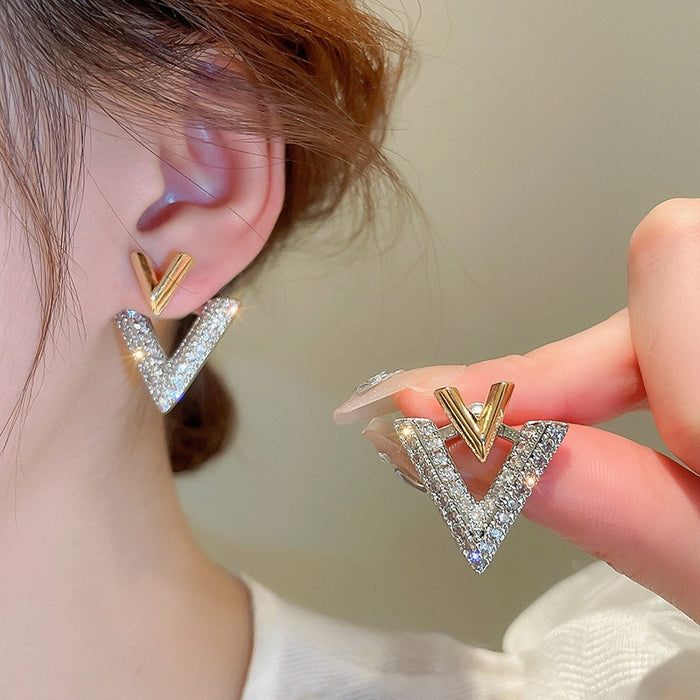 Gold Plated Silver Needle Zircon Letter Stud Earrings Sweet French Full Stone Two Way Design