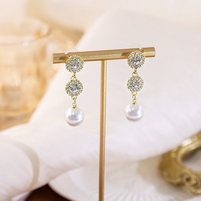 French Vintage Round Zircon Rhinestone Pearl Drop Earrings Elegant Luxury Geometric Dangle Earrings