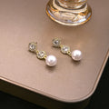 French Vintage Round Zircon Rhinestone Pearl Drop Earrings Elegant Luxury Geometric Dangle Earrings view 2