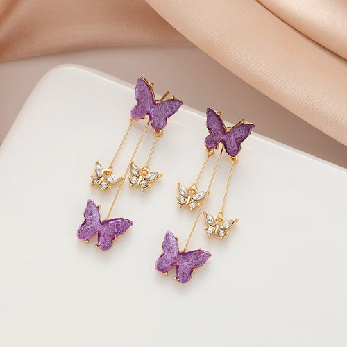 Elegant Korean Style Purple Butterfly Zircon Long Tassel Alloy Drop Dangle Earrings