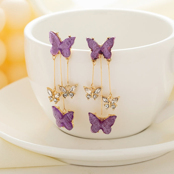 Elegant Korean Style Purple Butterfly Zircon Long Tassel Alloy Drop Dangle Earrings