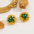 Vintage Palace Style Gold Alloy Hollow Round Floral Green Crystal Rhinestone Stud Earrings view 3