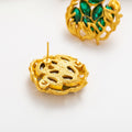 Vintage Palace Style Gold Alloy Hollow Round Floral Green Crystal Rhinestone Stud Earrings view 4