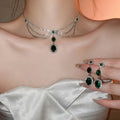 Vintage Rhinestone Emerald Zircon Multilayer Necklace And Earrings Jewelry Set For Women view 2