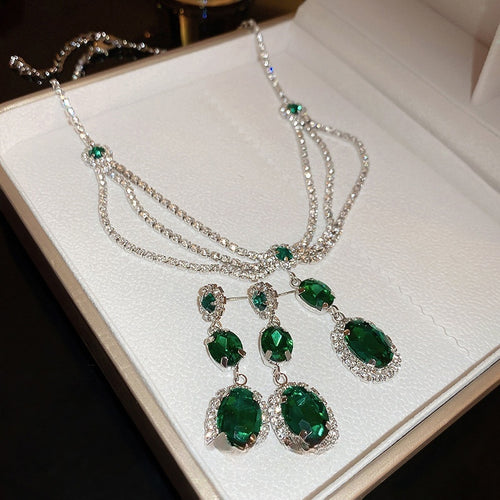 Vintage Rhinestone Emerald Zircon Multilayer Necklace And Earrings Jewelry Set For Women