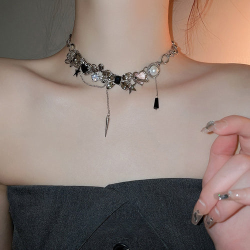Light Luxury Alloy Star Geometric Pendant Necklace, Punk Hip Hop Metal Choker