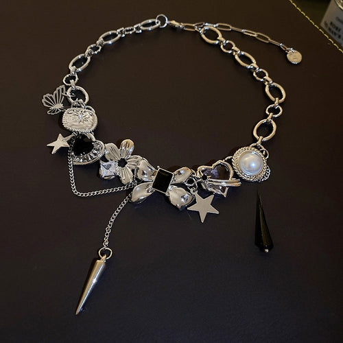 Light Luxury Alloy Star Geometric Pendant Necklace, Punk Hip Hop Metal Choker
