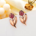 Vintage Rose Gold Alloy Tulip Leaf Drop Earrings With Pink Rhinestone Micro Pave Elegant French Earrings view 1