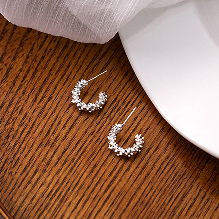 Elegant Irregular C Shaped Silver Alloy Rhinestone Stud Hoops With Multi Faceted Sparkle For Women Earrings