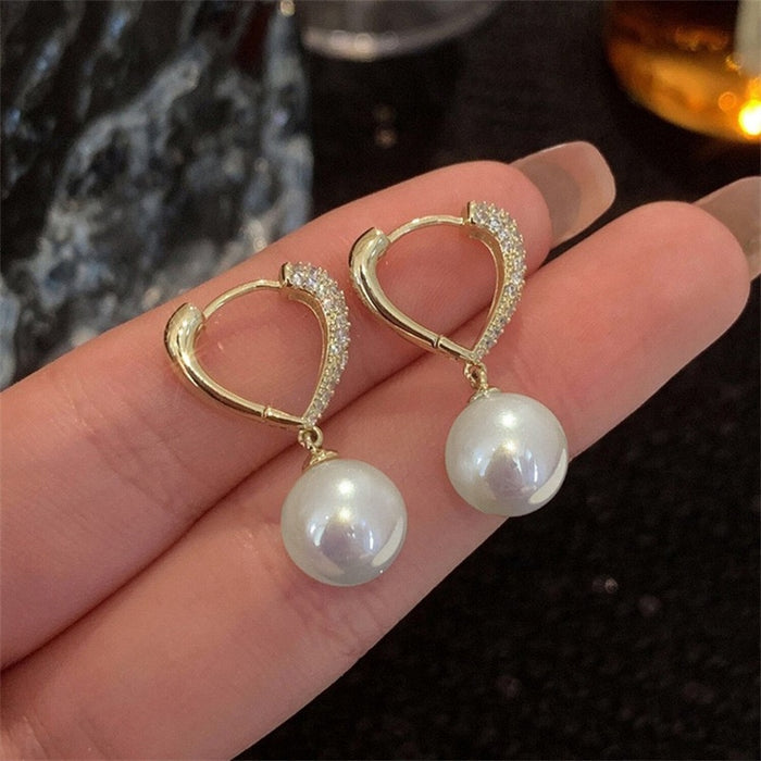 Light Luxury Pearl Drop Earrings For Women, Heart Zircon Clip On Earrings For Party Jewelry