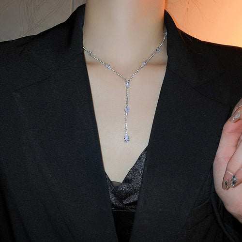 Light Luxury Alloy Y Shaped Rhinestone Teardrop Tassel Long Clavicle Necklace For Women