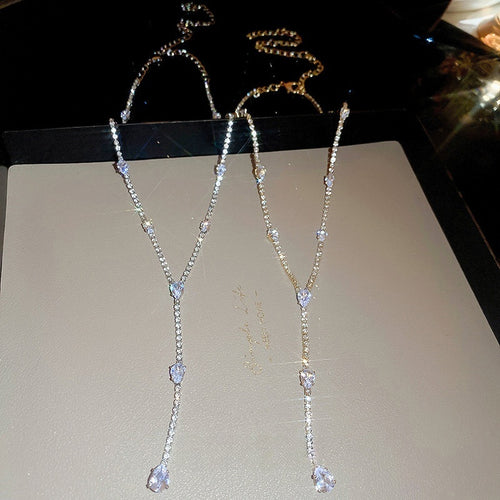 Light Luxury Alloy Y Shaped Rhinestone Teardrop Tassel Long Clavicle Necklace For Women