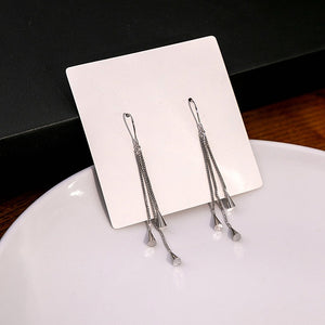 Elegant Long Silver Alloy Chain Tassel Waterdrop Rhinestone Asymmetric Dangle Drop Earrings