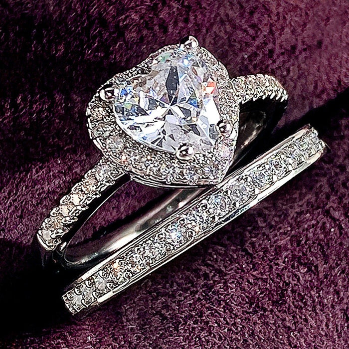 Fashion Double Layer Two In One Heart Zircon Ring Set For Women European American Jewelry