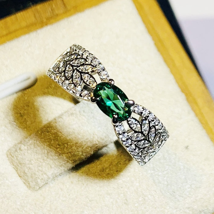 Emerald Green Tourmaline Ring For Women, Wheat Hollow Ribbon Design With Small Zircon Row