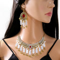 Luxury Ethnic Oval Green Crystal Rhinestone Pearl Tassel Alloy Drop Dangle Jewelry Set Vintage Earrings view 2