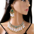 Luxury Ethnic Oval Green Crystal Rhinestone Pearl Tassel Alloy Drop Dangle Jewelry Set Vintage Earrings view 1