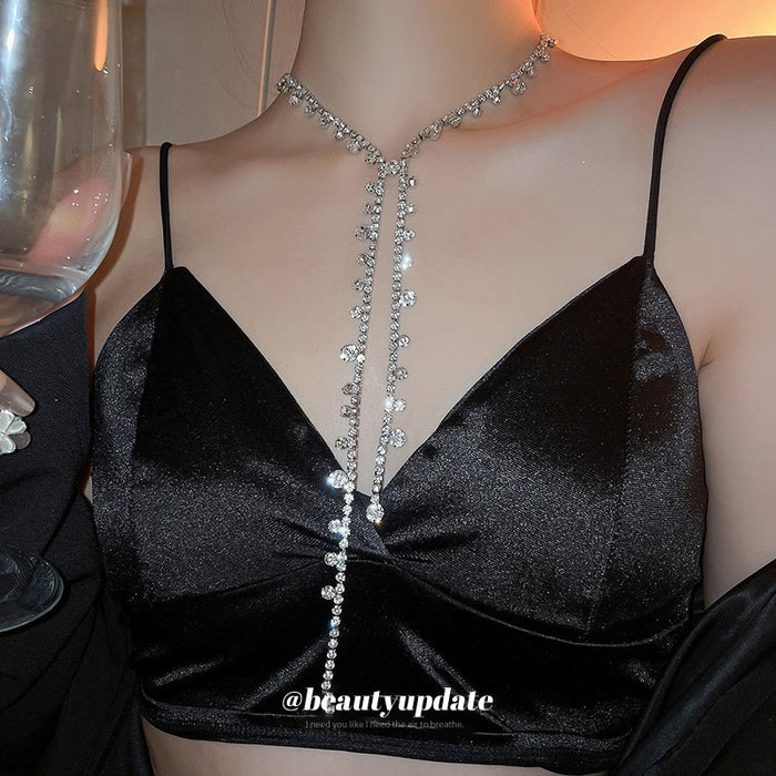 Light Luxury Alloy Rhinestone Geometric Tassel Statement Necklace For Women