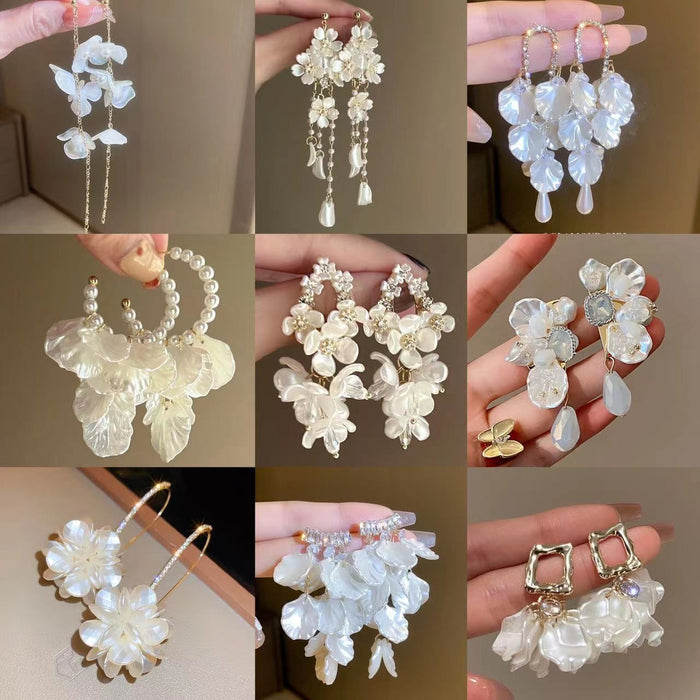 Chic Faux Pearl Petal Tassel Drop Earrings With Rhinestone Geometric Silver Needle Design