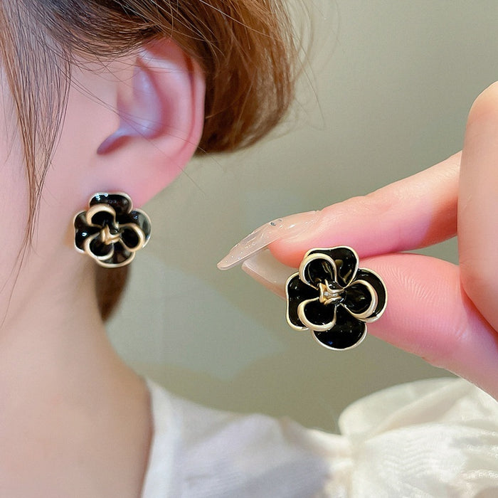 Alloy Black Camellia Flower Stud Earrings With Silver Pin French Vintage Enamel Office Style
