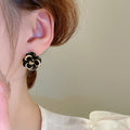 Alloy Black Camellia Flower Stud Earrings With Silver Pin French Vintage Enamel Office Style view 3