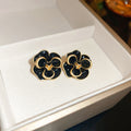 Alloy Black Camellia Flower Stud Earrings With Silver Pin French Vintage Enamel Office Style view 2
