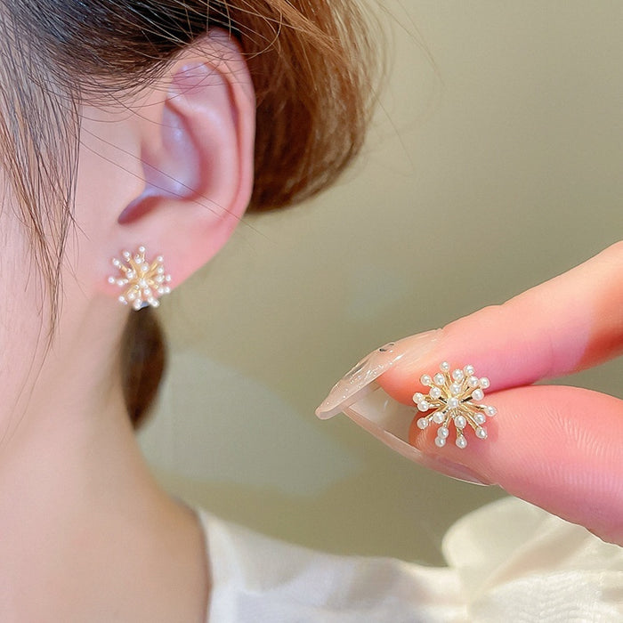 Imitation Pearl Firework Bloom Stud Earrings With Silver Posts Minimalist Geometric Sparkle