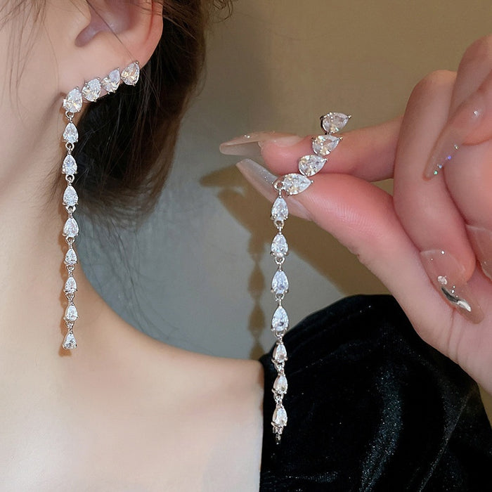 Chic Copper Zircon Water Drop Long Tassel Drop Earrings With Silver Needle