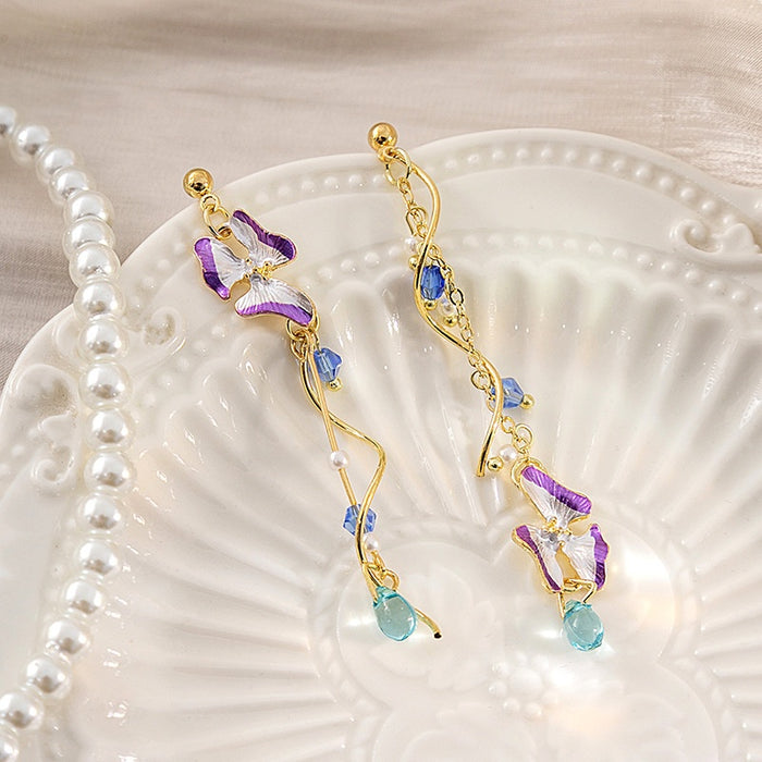 Elegant Asymmetric Enamel Flower Long Chain Drop Earrings With Crystal Beads Pearl Waterdrop Alloy Earrings