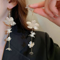 Light Luxury Metal Flower Long Tassel Ear Hook Drop Earrings, Statement Floral Design view 4