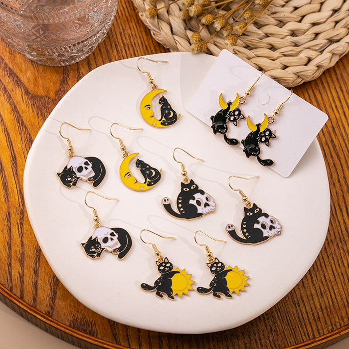 Halloween Cartoon Enamel Black Cat Skull Moon Sun Charm Alloy Gothic Drop Dangle Earrings