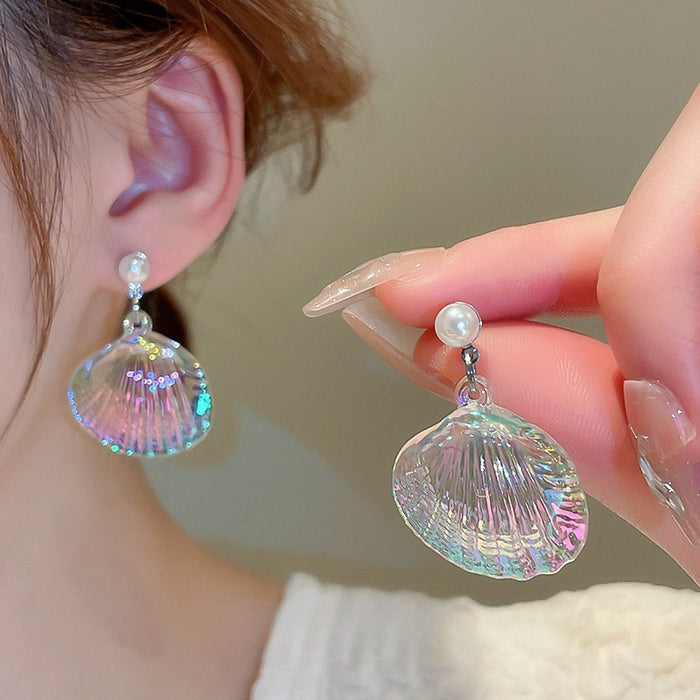 Iridescent Shell Pearl Drop Earrings With Silver Pins, Korean Sweet Fresh Minimalist Style