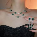 Vintage Geometric Emerald Gemstone Jewelry Set With Silver Needle Earrings And Double Layer Necklace view 1