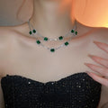 Vintage Geometric Emerald Gemstone Jewelry Set With Silver Needle Earrings And Double Layer Necklace view 4
