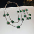 Vintage Geometric Emerald Gemstone Jewelry Set With Silver Needle Earrings And Double Layer Necklace view 2