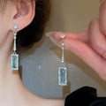 Chic Geometric Square Zircon Copper Drop Earrings With Silver Pins And Sparkling Tassel Design view 1