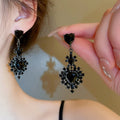 Alloy Black Heart Rhinestone Drop Earrings With Silver Posts Gothic Court Style Jewelry view 1