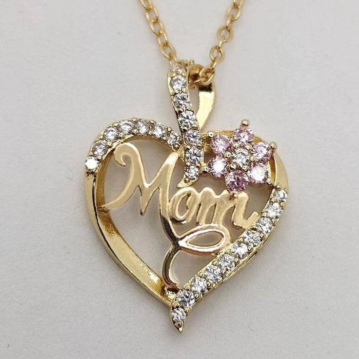 Heart Pendant Necklace With MOM Floral Zircon Design Fashion Collarbone Chain Jewelry