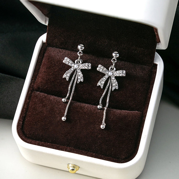 Elegant Rhinestone Bowknot Pearl Tassel Drop Dangle Alloy Silver Needle Fashion Jewelry Earrings