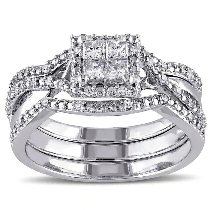 Couple Matching Rings With Square Zircon Main Stone Copper Engagement Wedding Ring Set