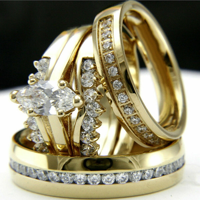 Three Piece Ring Set With Micro Pave Marquise Zircon, Simple Row Stone Engagement Mens Ring