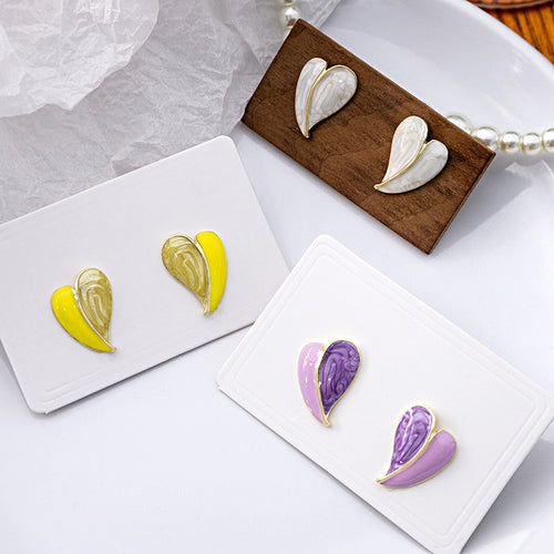 Elegant French Heart Petal Enamel Alloy Stud Earrings For Women Minimal Oil Painting Style Earrings